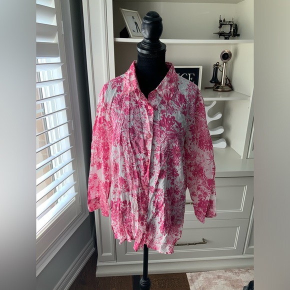 Vintage LIZ CLAIBORNE FIRST ISSUE Pink & White Button Up Cotton Blouse SZ Large - Picture 2 of 14